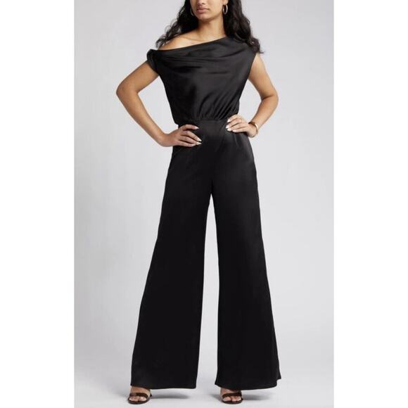 WAYF Black Satin Jumpsuit One Shoulder - Picture 1 of 5